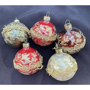 Gold Glitter Lace Trim Decorated Glass Ball Ornaments Lot 5 Vintage Christmas S1